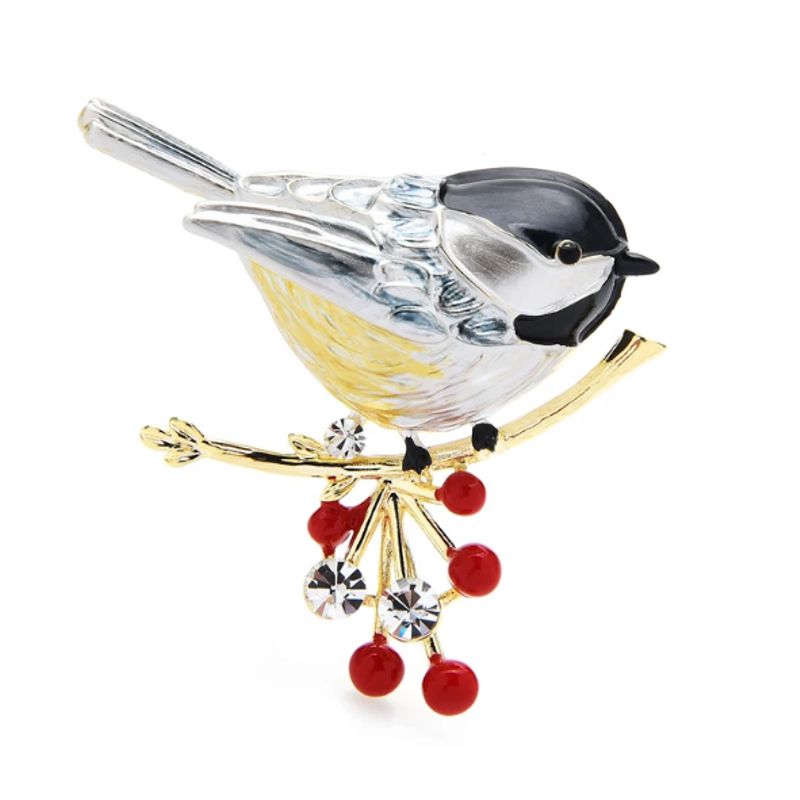 Chickadee and Berries Enamel and Rhinestone Brooch - Click Image to Close